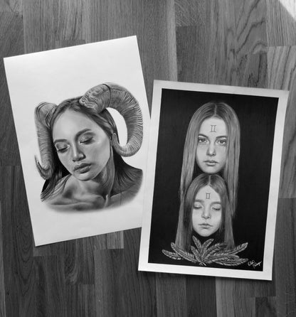 Figurativ teckning Gemini i blyerts och kol av Elin Palmgren, A3, handgjord originalkonst